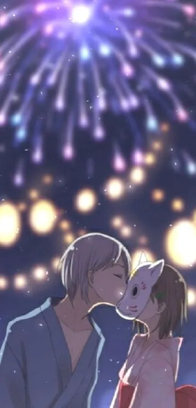 Anime couple kissing under fireworks with glowing lights backdrop.