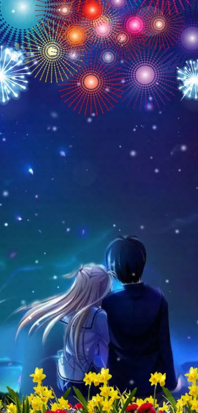 Romantic anime couple under vibrant fireworks and starry sky.