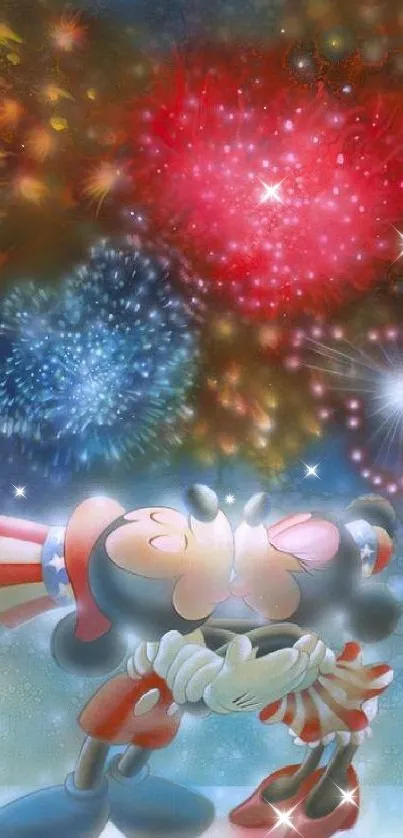 Romantic couple kissing under fireworks display.