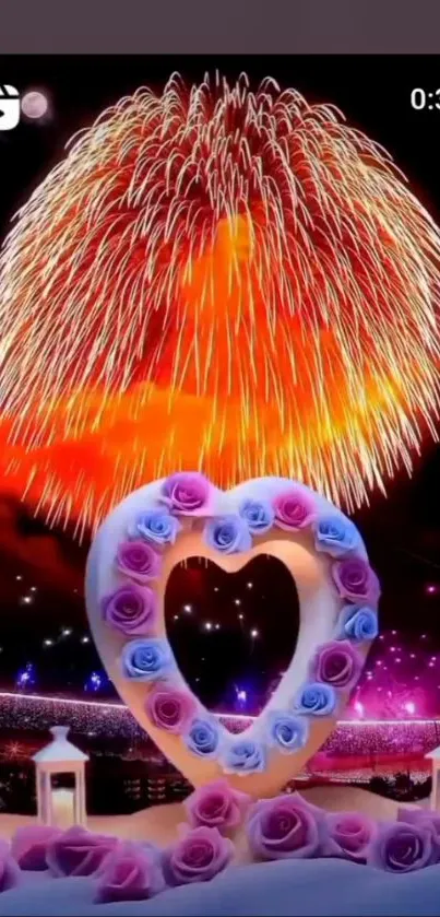 Heart-shaped floral wreath with fireworks in the background, creating a romantic scene.