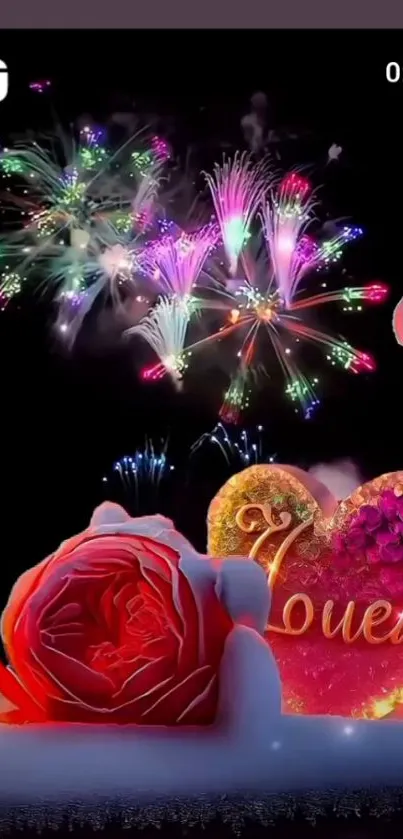 Romantic heart and rose with vibrant fireworks in a mobile wallpaper.