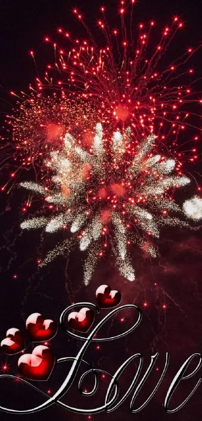 Romantic red fireworks with 'Love' text and heart accents.