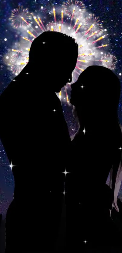 Silhouette of couple under fireworks in a starry night sky.