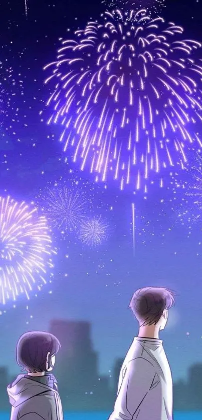 Couple under a vibrant fireworks display at night.