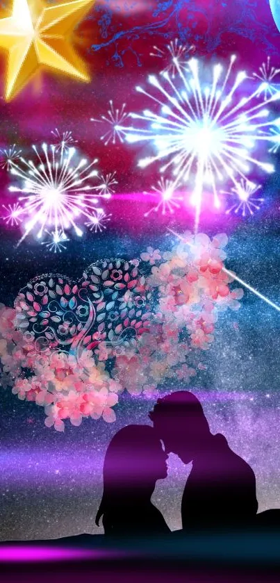 Silhouette of couple under starry sky with vibrant fireworks display.