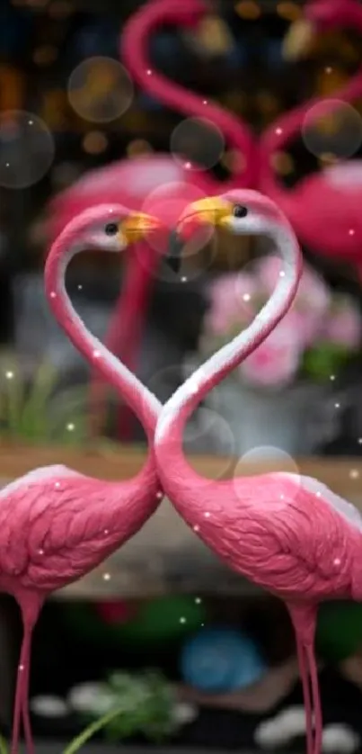 Two flamingos forming a heart with their necks in a vibrant pink display.