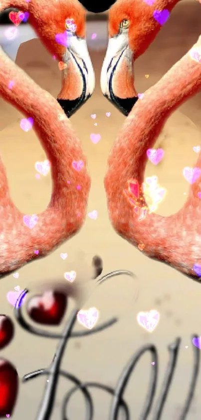 Romantic flamingo wallpaper with pink hearts.