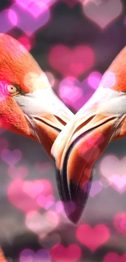Two flamingos form a heart with pink bokeh background.