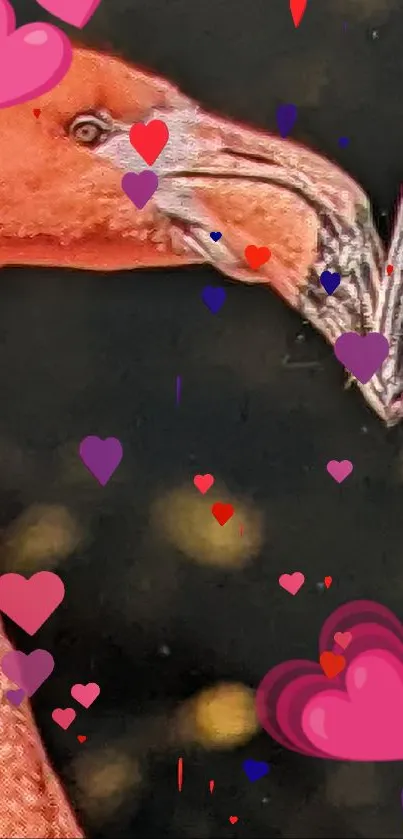 Romantic flamingos forming a heart with pink accents on a dark background.