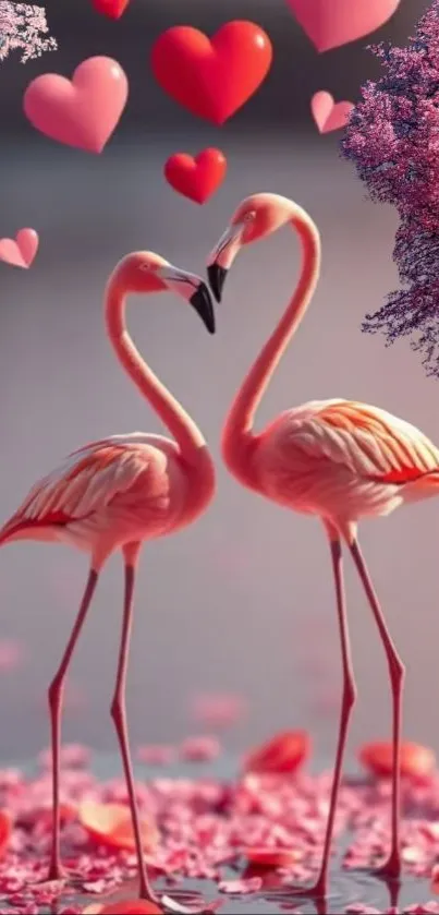 Two flamingos with hearts and pink blossoms background.