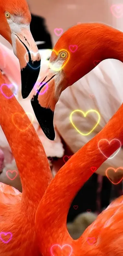 Flamingos forming a heart with glowing colorful hearts around.