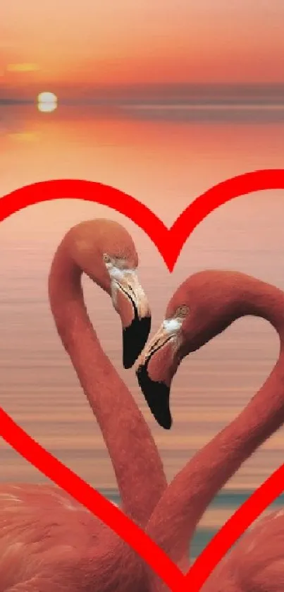 Romantic flamingos form a heart at sunset on calm waters.
