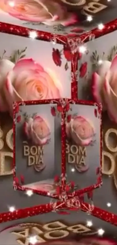 3D floral wallpaper with roses and greeting in pink.