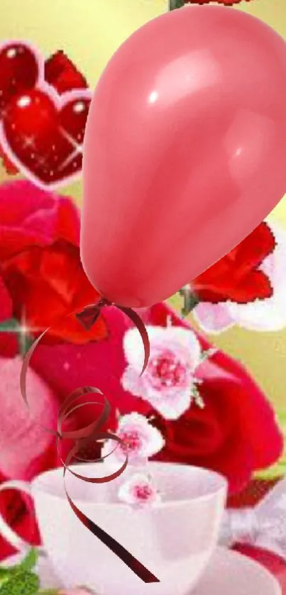 Pink balloon with red roses and teacup flowers in vibrant wallpaper.