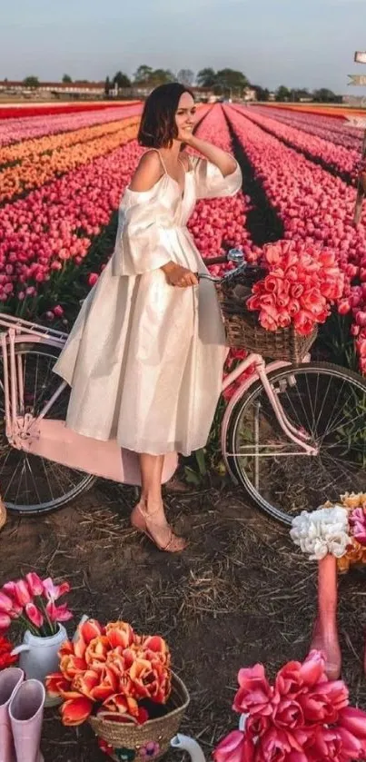 Woman on bike in pink tulip field with serene atmosphere.