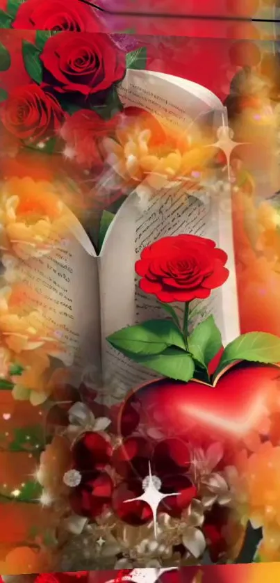 Romantic wallpaper with a book and vibrant red roses.