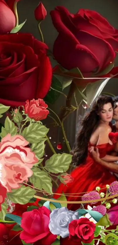 Romantic red rose wallpaper with embracing couple.