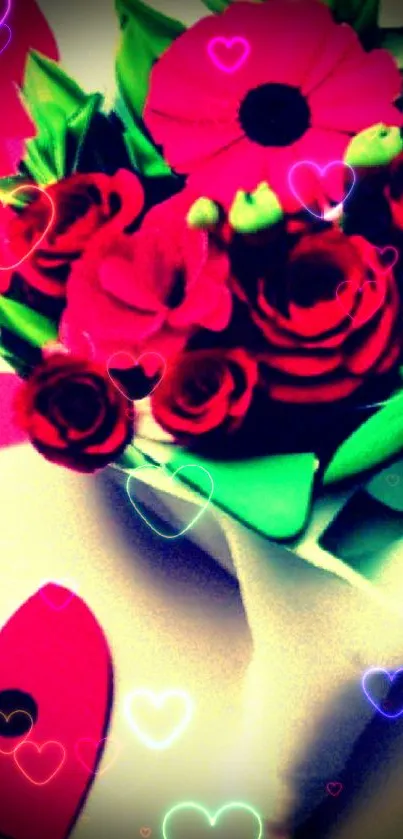 Romantic bouquet with red roses and heart decor.