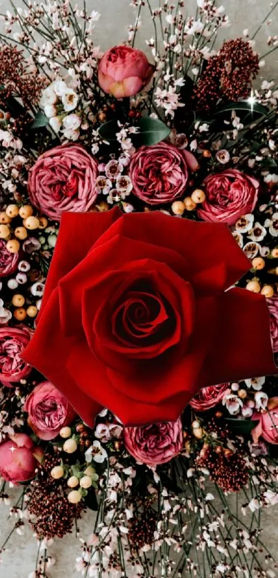 Romantic floral bouquet wallpaper with a vibrant red rose centerpiece.