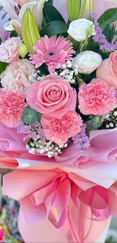 Romantic floral bouquet with pink roses and hearts for a charming mobile wallpaper.