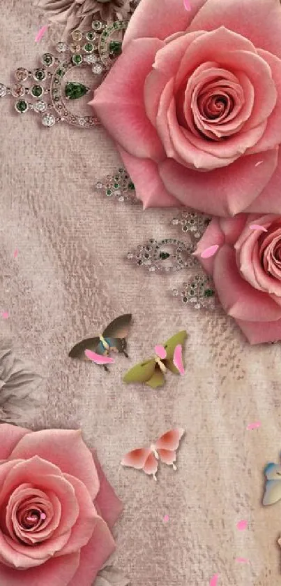 Vintage mobile wallpaper with pink roses and colorful butterflies.