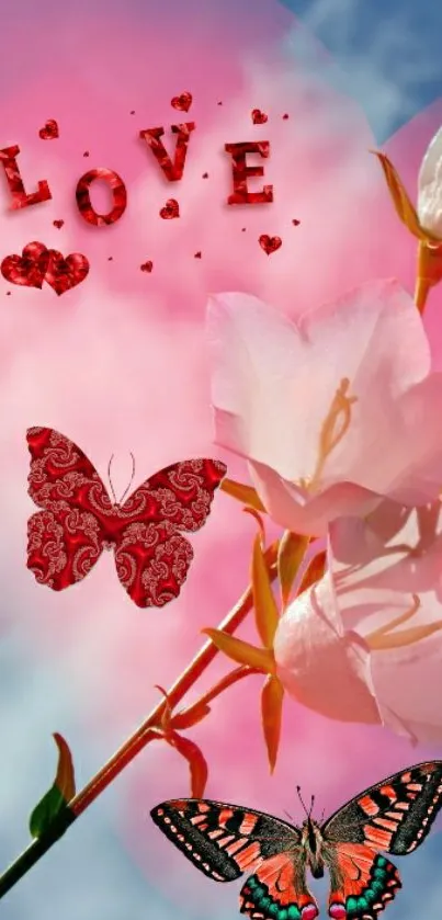 Romantic wallpaper with flowers and butterflies on a pink background featuring 'LOVE' text.