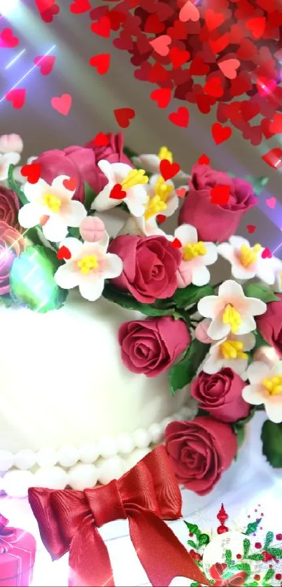 Elegant cake with red roses and floral decorations.