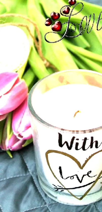 Romantic wallpaper with pink tulips and candle.