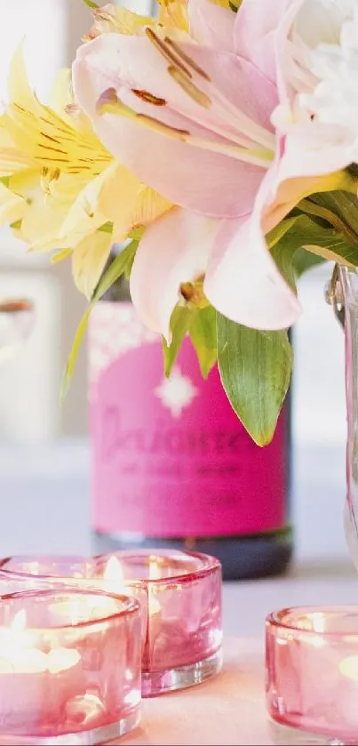 Romantic setup with flowers, candles, and glassware.