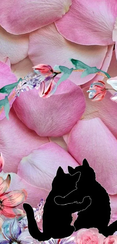 Romantic floral mobile wallpaper with pink petals and cat silhouettes.