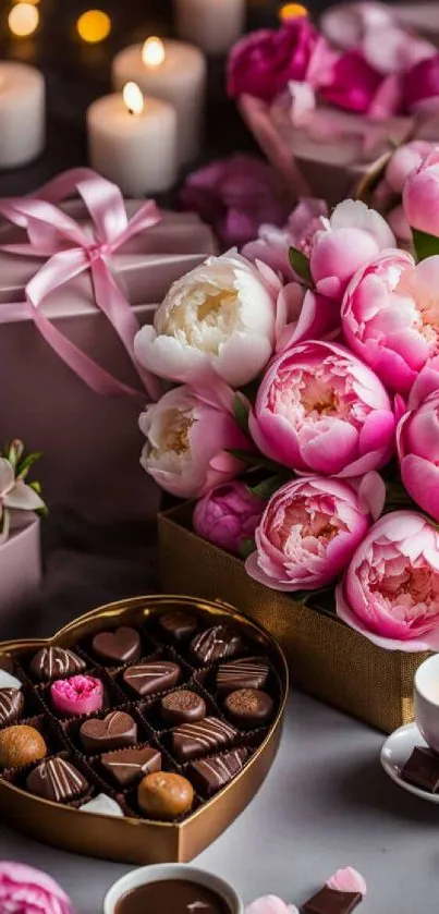 Romantic setup with pink peonies, chocolates, and candles in a cozy setting.
