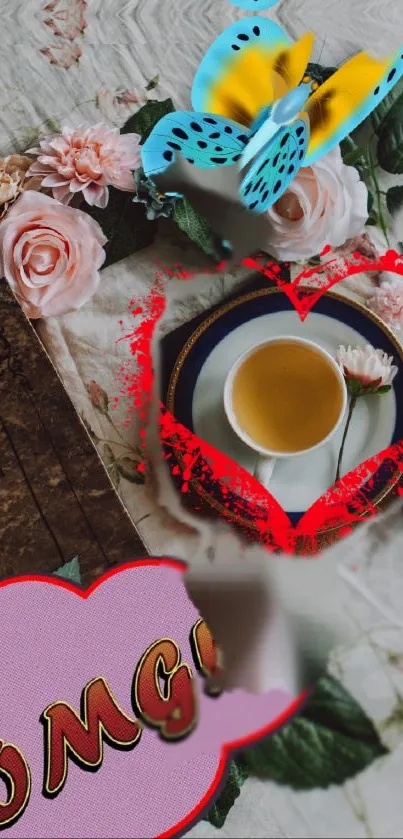Romantic floral wallpaper with roses, coffee, and butterfly art.