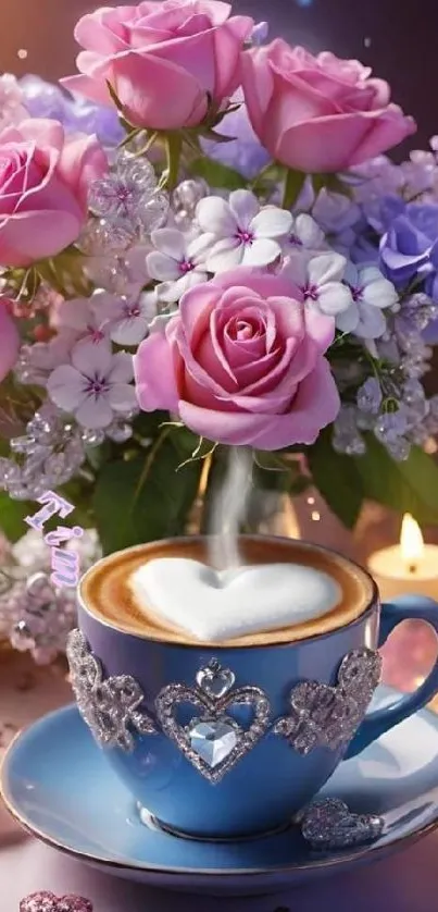 Romantic scene with pink roses, coffee, and candles.