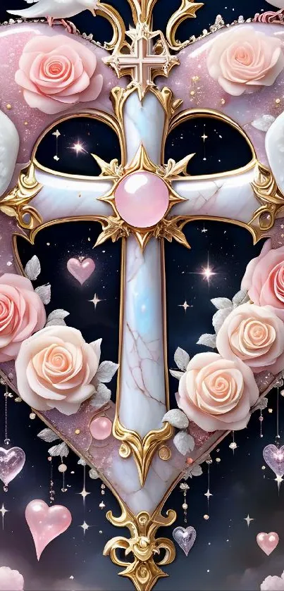 Romantic floral cross with roses and wings in a starry night sky.