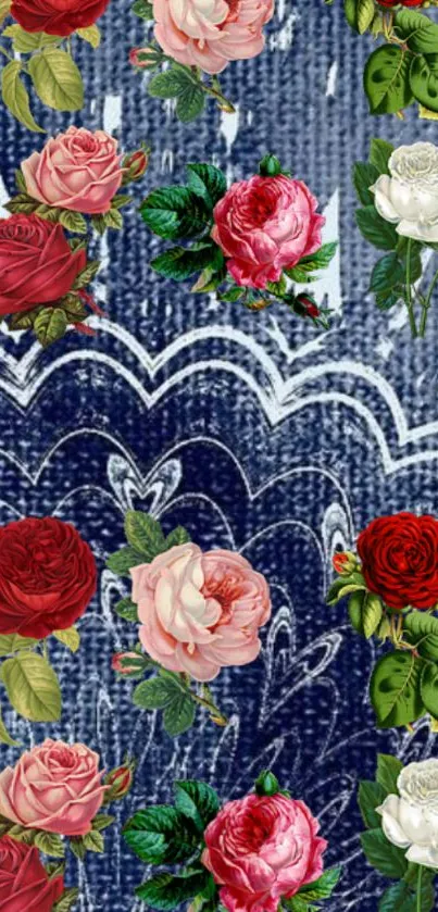 Floral denim mobile wallpaper with red, pink, and white roses.