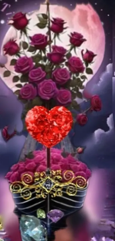 Romantic wallpaper with roses, moon, and a heart gem centerpiece.