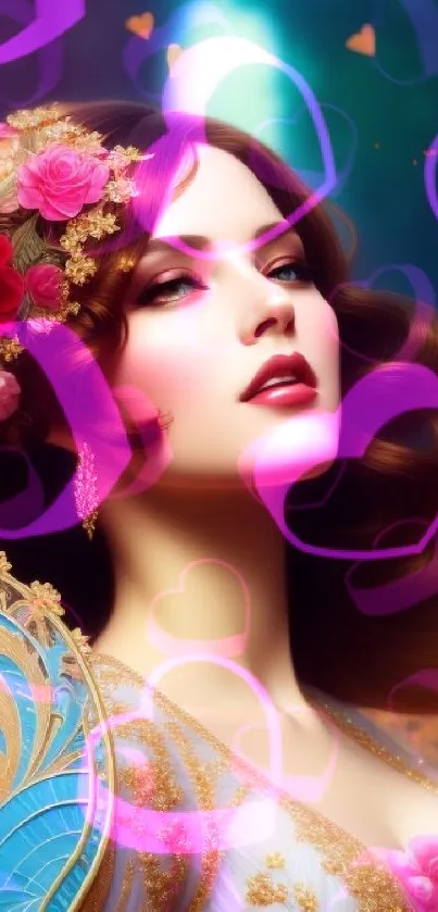 Romantic fantasy artwork of woman with floral headpiece and ornate patterns.