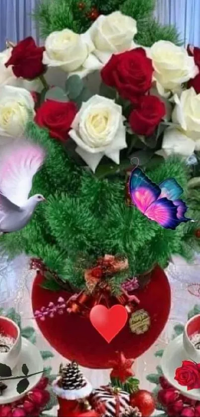 Heart vase with roses, butterfly, and dove.