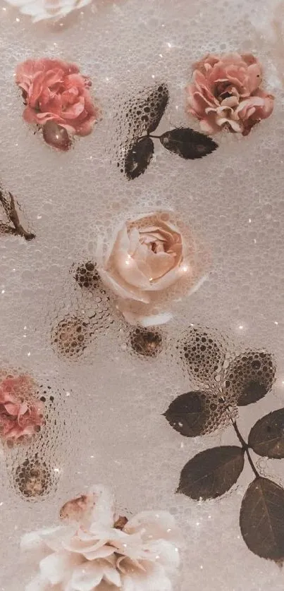 Romantic floral wallpaper with roses in foam bubbles.