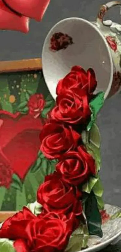 Red roses cascading from teacup with heart art.