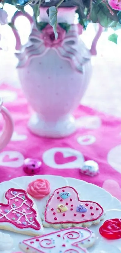 Pink-themed wallpaper with heart cookies and flowers.