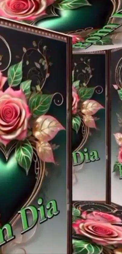 Heart with roses decorative wallpaper saying 'Bom Dia'.
