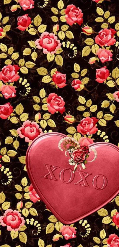 Romantic wallpaper with pink heart and floral rose pattern.