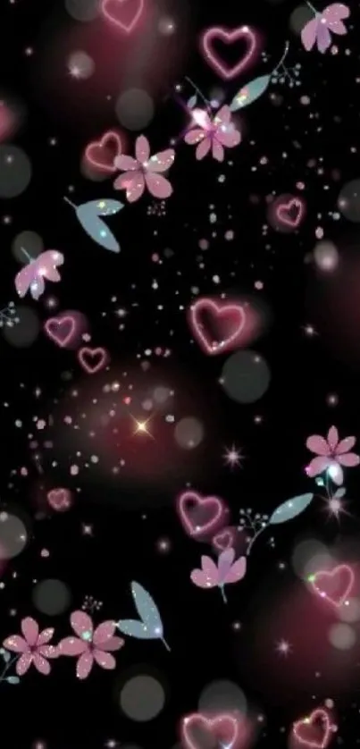 Romantic wallpaper with pink flowers and hearts on a black background.