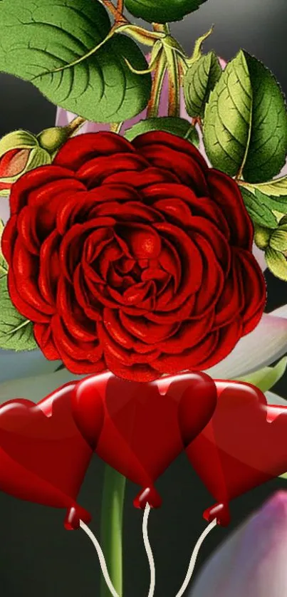 Romantic red rose and heart balloons wallpaper.