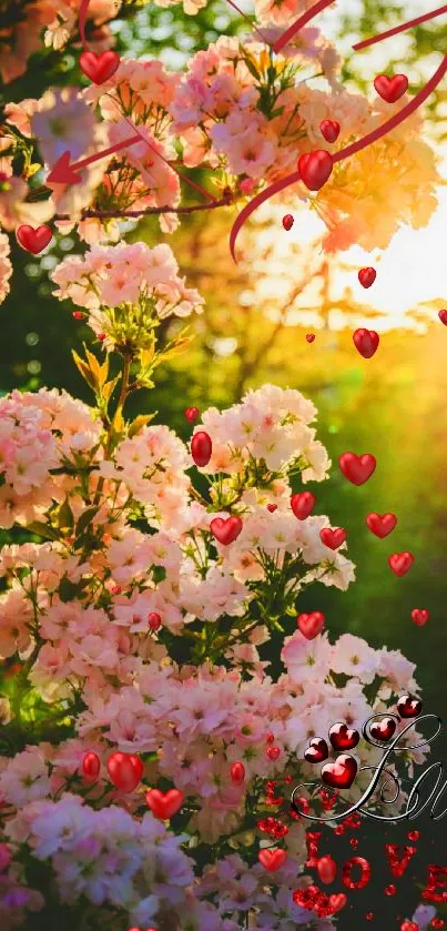 Romantic floral wallpaper with pink blossoms and red heart designs.