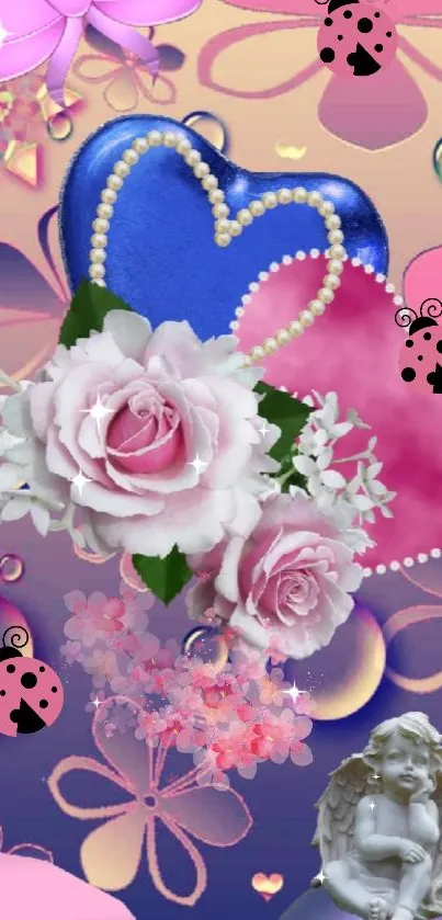 Romantic wallpaper with pink roses and hearts.