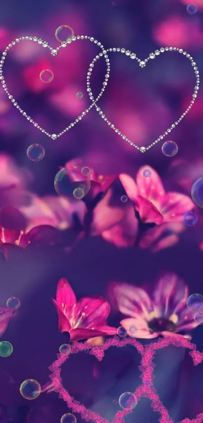 Romantic wallpaper with pink flowers, hearts, and bubbles.
