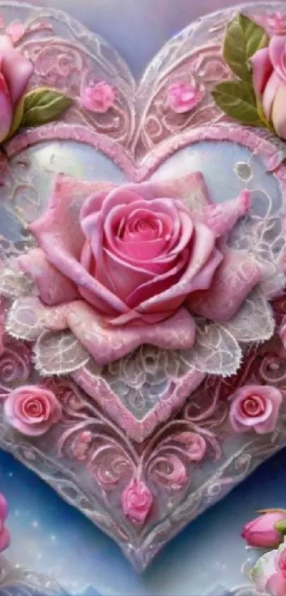 Intricate pink heart with roses mobile wallpaper.