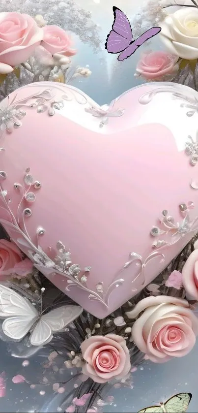 Romantic pink heart with roses and butterflies in a dreamy background.